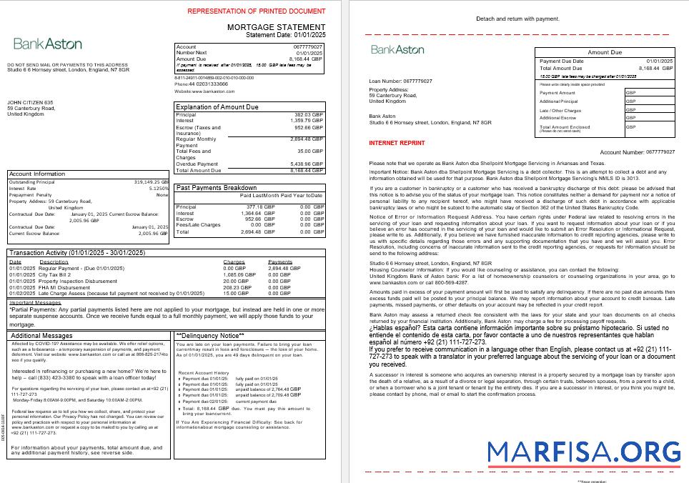 Printable United Kingdom Bank of Aston bank mortgage statement in Word and PDF formats, 3 pages 1 2 example